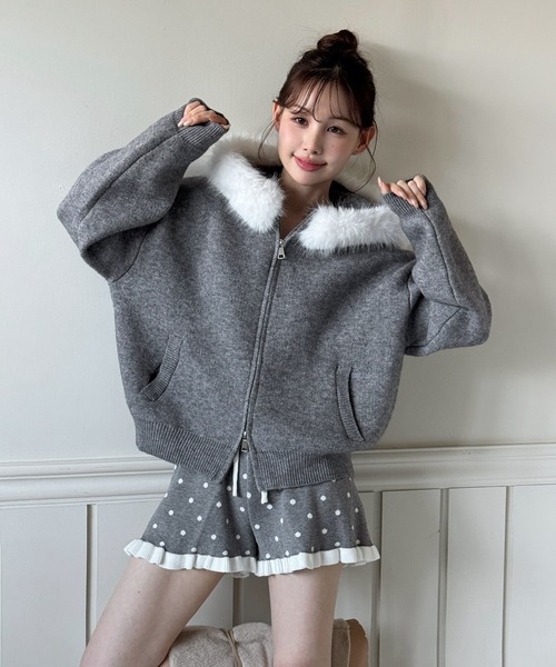 セール】【着用動画あり・2WAY】ファーフードジップアップニット