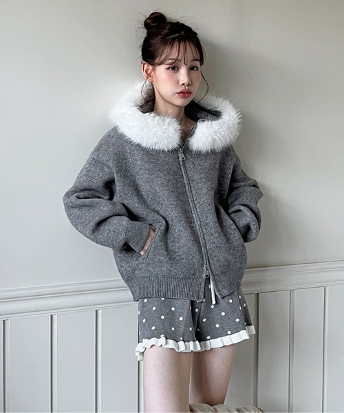 着用動画あり・2WAY】ファーフードジップアップニットカーディガン