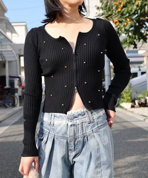 LUMIRA(アパレル)(ルミラ)の「大人可愛いWジップ つぶドットリブニットカーディガン(カーディガン/ボレロ・レディース・グレー/パープル/ブラック・FREE)」の2枚目の写真