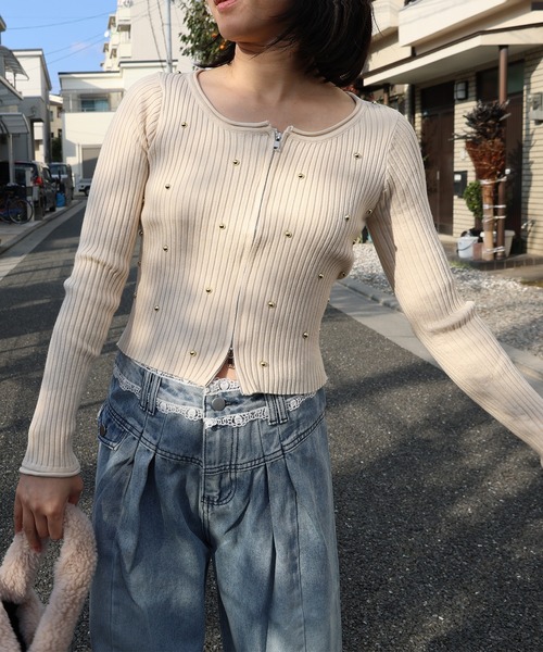 LUMIRA(アパレル)(ルミラ)の「大人可愛いWジップ つぶドットリブニットカーディガン(カーディガン/ボレロ・レディース・グレー/パープル/ブラック・FREE)」の14枚目の写真