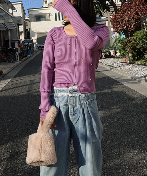 LUMIRA(アパレル)(ルミラ)の「大人可愛いWジップ つぶドットリブニットカーディガン(カーディガン/ボレロ・レディース・グレー/パープル/ブラック・FREE)」の18枚目の写真
