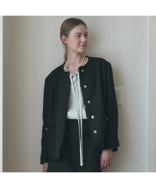 NONLOCAL(ノンローカル)の「Fringe Tweed Over-fit Jacket - Black(テーラードジャケット・レディース・ブラック・FREE)」の1枚目の写真