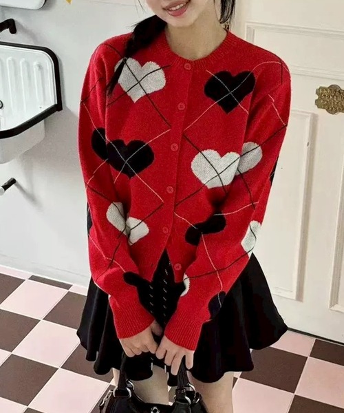 セール】ハートアーガイル柄ニットカーディガン（カーディガン/ボレロ