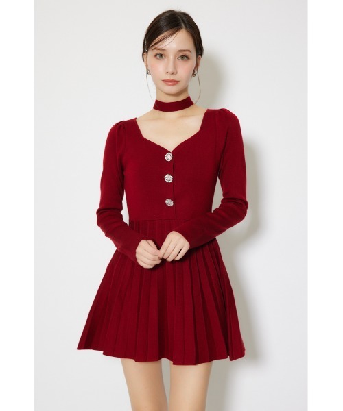 rienda リエンダ　バーガンディ ニットワンピース 長袖 セール】フロントビジュープリーツミニニットワンピース 秋服 冬服