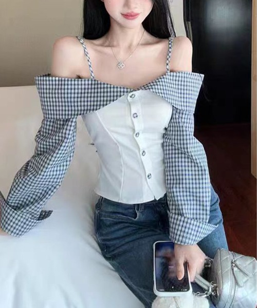 AsheKsha(アシクシャ)の「オフショルダーストラップ付きチェック柄パッチワーク長袖トップス(シャツ/ブラウス・レディース・ブラック/ホワイト・M)」の17枚目の写真