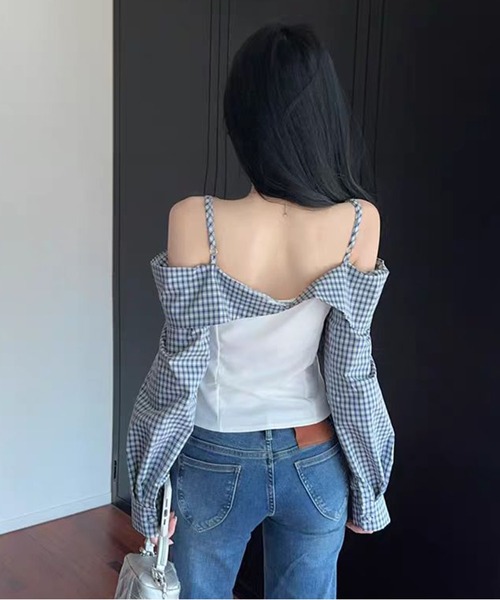AsheKsha(アシクシャ)の「オフショルダーストラップ付きチェック柄パッチワーク長袖トップス(シャツ/ブラウス・レディース・ブラック/ホワイト・M)」の18枚目の写真