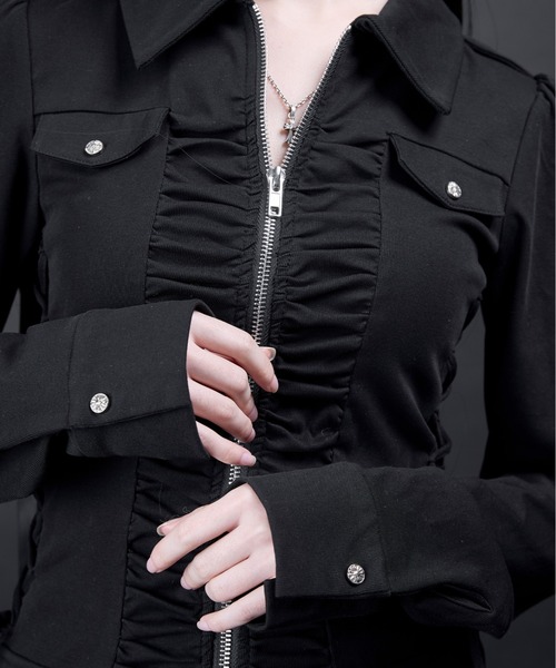 AVENCHUMU(アバンチュウム)の「Zip-up shirt collar shirring one-piece(ワンピース・レディース・ブラック/ピンク・XS/FREE)」の10枚目の写真