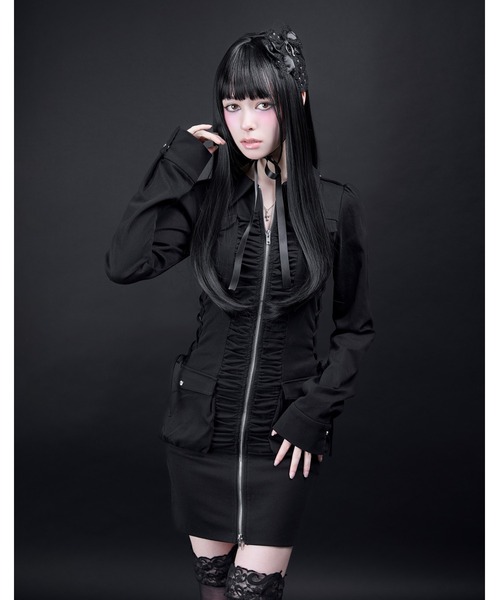 Zip-up shirt collar shirring one-piece（ワンピース）｜AVENCHUMU