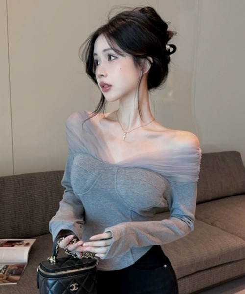 gossip！ロサンゼルス（ゴシップロサンゼルス）の「【Y2Kガーリー】レトロシアー切替長袖Tシャツ/ストレートネックトップス（Tシャツ/カットソー・レディース・グレー・FREE）」の10枚目の写真