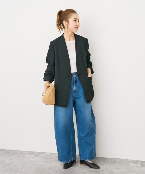 Spick & Span（スピックアンドスパン）の「トロストレッチVカラージャケット（ノーカラージャケット・レディース・ベージュ/ブラック・38/36/34）」の3枚目の写真