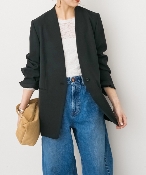 Spick & Span（スピックアンドスパン）の「トロストレッチVカラージャケット（ノーカラージャケット・レディース・ベージュ/ブラック・38/36/34）」の5枚目の写真