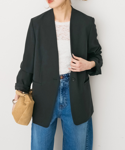 Spick & Span（スピックアンドスパン）の「トロストレッチVカラージャケット（ノーカラージャケット・レディース・ベージュ/ブラック・38/36/34）」の6枚目の写真