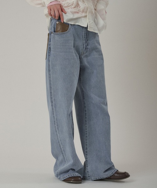 synthetic leather pocket cinch back denim pants / 合成皮革ポケット