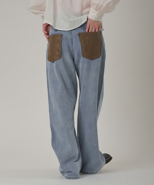 synthetic leather pocket cinch back denim pants / 合成皮革ポケット