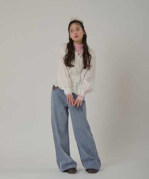 synthetic leather pocket cinch back denim pants / 合成皮革ポケット