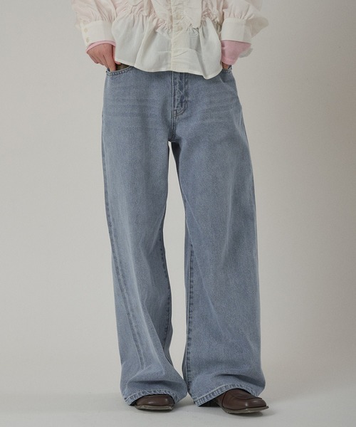 synthetic leather pocket cinch back denim pants / 合成皮革ポケット