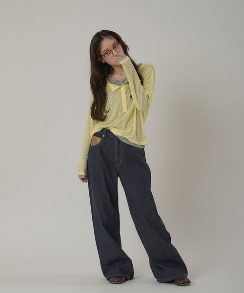 MUHET(ミュエータ)の「synthetic leather pocket cinch back denim pants / 合成皮革ポケットシンチバックデニムパンツ(デニムパンツ・レディース・インディゴブルー/ライトインディゴブルー・SMALL/MEDIUM/LARGE)」の7枚目の写真