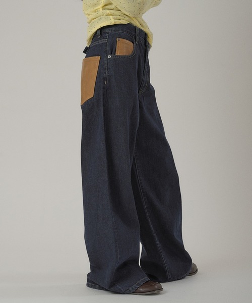 synthetic leather pocket cinch back denim pants / 合成皮革ポケット