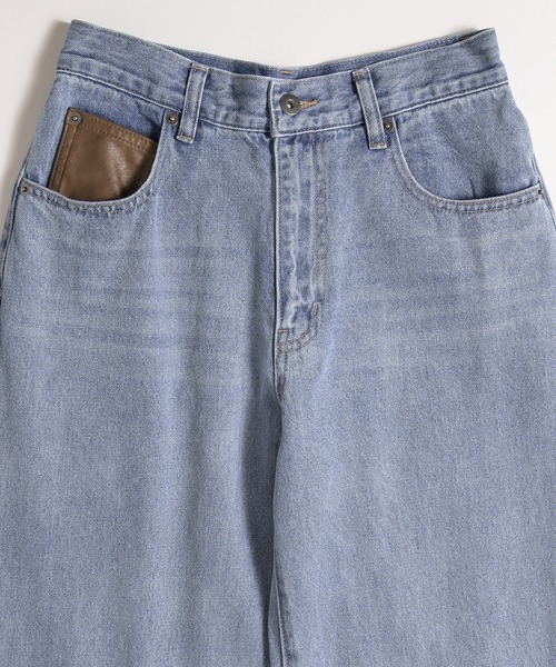 synthetic leather pocket cinch back denim pants / 合成皮革ポケット