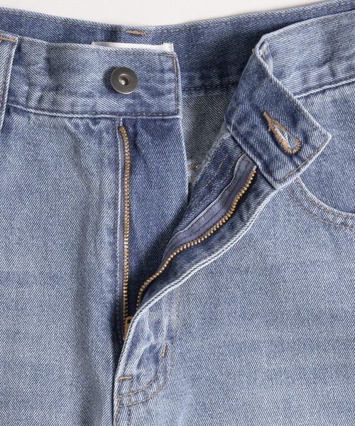 synthetic leather pocket cinch back denim pants / 合成皮革ポケット