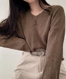 透け感ニットトップス Vネック 長袖春服