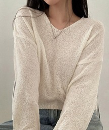 透け感ニットトップス Vネック 長袖春服