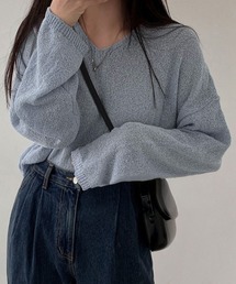 透け感ニットトップス Vネック 長袖春服