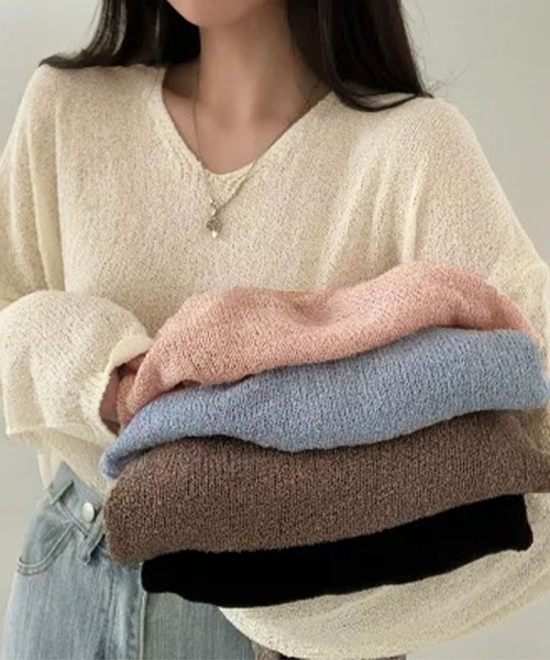 Miniministore（ミニミニストア）の「透け感ニットトップス Vネック 長袖春服（ニット/セーター・レディース・ピンク/アイボリー/ブルーグレー/ブラック/ブラウン・FREE）」の6枚目の写真