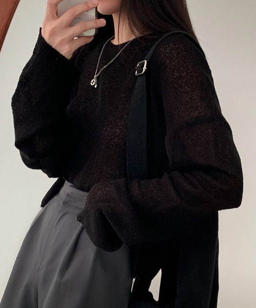 Miniministore（ミニミニストア）の「透け感ニットトップス Vネック 長袖春服（ニット/セーター・レディース・ピンク/アイボリー/ブルーグレー/ブラック/ブラウン・FREE）」の10枚目の写真