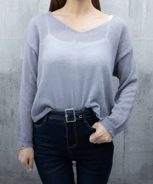 Miniministore（ミニミニストア）の「透け感ニットトップス Vネック 長袖春服（ニット/セーター・レディース・ピンク/アイボリー/ブルーグレー/ブラック/ブラウン・FREE）」の19枚目の写真