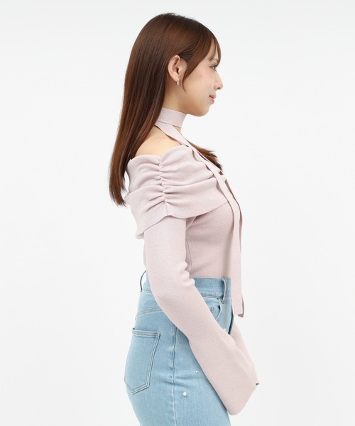 ROYAL PARTY（ロイヤルパーティー）の「ストール付オフショルギャザーラメニットトップス（ニット/セーター・レディース・ピンク/ブラック/オフホワイト/パープル・FREE）」の7枚目の写真