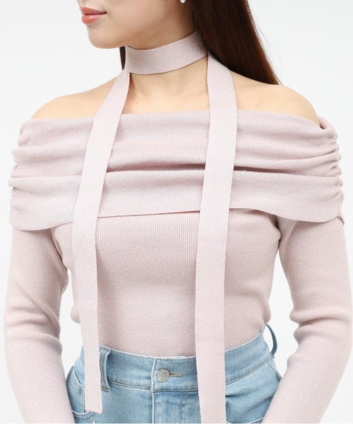 ROYAL PARTY（ロイヤルパーティー）の「ストール付オフショルギャザーラメニットトップス（ニット/セーター・レディース・ピンク/ブラック/オフホワイト/パープル・FREE）」の9枚目の写真