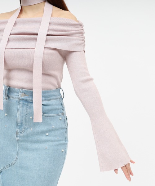 ROYAL PARTY（ロイヤルパーティー）の「ストール付オフショルギャザーラメニットトップス（ニット/セーター・レディース・ピンク/ブラック/オフホワイト/パープル・FREE）」の10枚目の写真