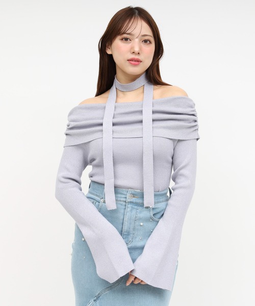 ROYAL PARTY（ロイヤルパーティー）の「ストール付オフショルギャザーラメニットトップス（ニット/セーター・レディース・ピンク/ブラック/オフホワイト/パープル・FREE）」の12枚目の写真