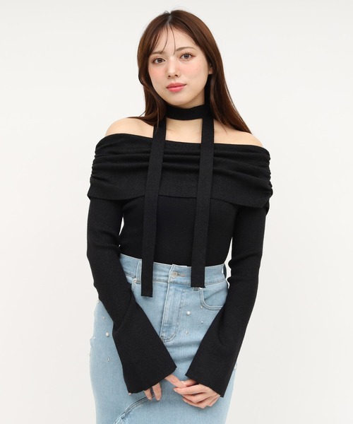 ROYAL PARTY（ロイヤルパーティー）の「ストール付オフショルギャザーラメニットトップス（ニット/セーター・レディース・ピンク/ブラック/オフホワイト/パープル・FREE）」の14枚目の写真