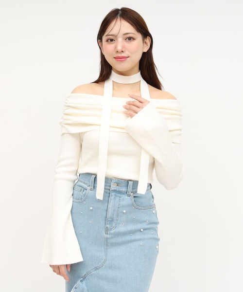 ROYAL PARTY（ロイヤルパーティー）の「ストール付オフショルギャザーラメニットトップス（ニット/セーター・レディース・ピンク/ブラック/オフホワイト/パープル・FREE）」の15枚目の写真