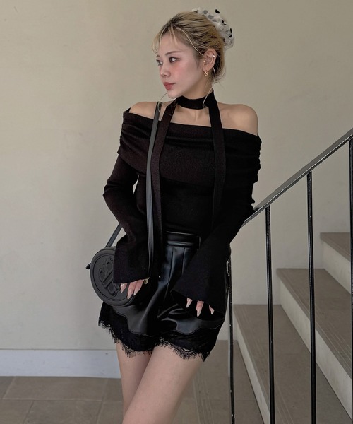 ROYAL PARTY（ロイヤルパーティー）の「ストール付オフショルギャザーラメニットトップス（ニット/セーター・レディース・ピンク/ブラック/オフホワイト/パープル・FREE）」の22枚目の写真