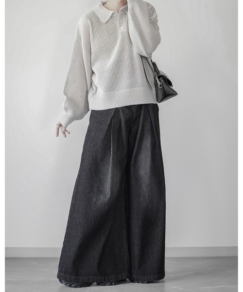 ELLUV（エルブ）の「【ELLUV/エルヴ】13ozティックネスデニム ディメンションタック ワイドフレアスラックス（デニムパンツ・メンズ・ダークインディゴブルー/ブラック/ライトインディゴブルー・S/M/XS）」の8枚目の写真