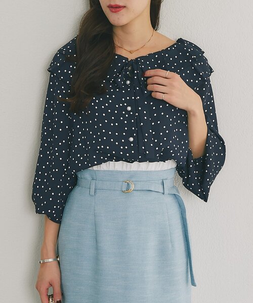 La boutique BonBon（ラブティックボンボン）の「【最強愛され】ギャザーフリルリボンドットブラウス（シャツ/ブラウス・レディース・ネイビー/ホワイト・FREE）」の17枚目の写真