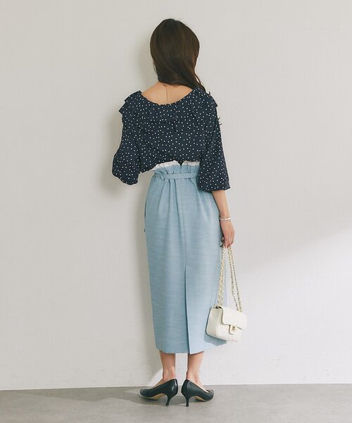 La boutique BonBon（ラブティックボンボン）の「【最強愛され】ギャザーフリルリボンドットブラウス（シャツ/ブラウス・レディース・ネイビー/ホワイト・FREE）」の3枚目の写真