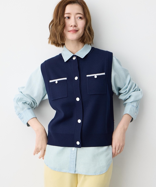 Petit Honfleur（プチオンフルール）の「胸ポケットニットベスト【ウォッシャブル】（カーディガン/ボレロ・レディース・ネイビー/グレー・M/L）」の8枚目の写真