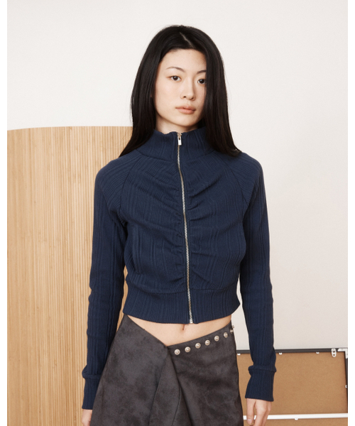 シャーリングクロップリップジップアップ（ネイビー）