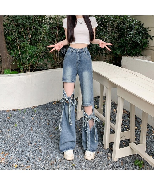 Bling Leads(ブリングリーズ)の「【Bls】 【ZL】【Bling Leads】リボン×加工 デザインデニムパンツ(デニムパンツ・レディース・ブルー・FREE)」の6枚目の写真