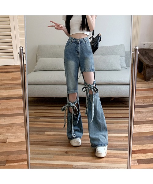 Bling Leads(ブリングリーズ)の「【Bls】 【ZL】【Bling Leads】リボン×加工 デザインデニムパンツ(デニムパンツ・レディース・ブルー・FREE)」の5枚目の写真