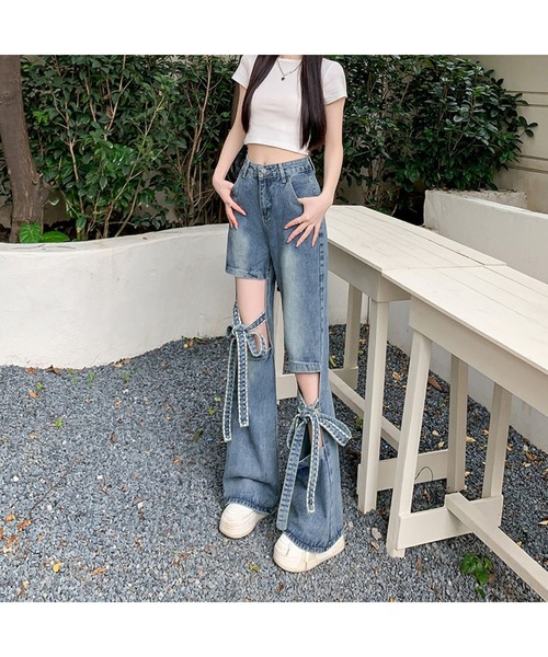 Bling Leads(ブリングリーズ)の「【Bls】 【ZL】【Bling Leads】リボン×加工 デザインデニムパンツ(デニムパンツ・レディース・ブルー・FREE)」の4枚目の写真