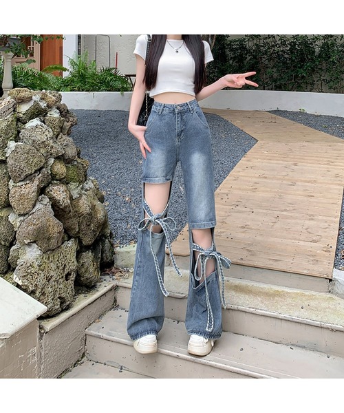 Bling Leads(ブリングリーズ)の「【Bls】 【ZL】【Bling Leads】リボン×加工 デザインデニムパンツ(デニムパンツ・レディース・ブルー・FREE)」の3枚目の写真