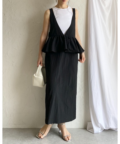 She's Closet(シーズクローゼット)の「ロング丈 レイヤード風 ペプラム切り替え キャミワンピース ジャンパースカート(ジャンパースカート・レディース・ライトベージュ/オリーブ/ブラック・FREE)」の10枚目の写真