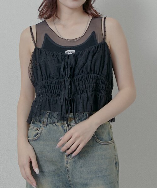 mline（エムライン）の「【この夏着たい！】[mline]チュールギャザーキャミ（シャツ/ブラウス・レディース・ブラック系その他/ブラウン/ブラック/オフホワイト・FREE）」の4枚目の写真