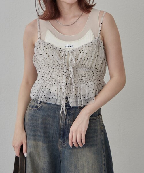 mline（エムライン）の「【この夏着たい！】[mline]チュールギャザーキャミ（シャツ/ブラウス・レディース・ブラック系その他/ブラウン/ブラック/オフホワイト・FREE）」の2枚目の写真