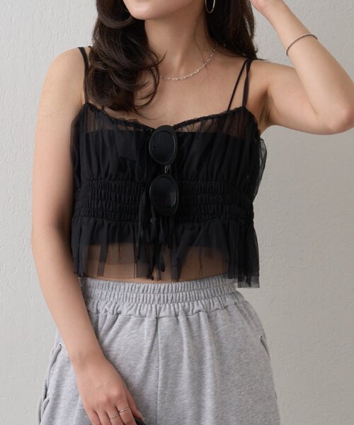 mline（エムライン）の「【この夏着たい！】[mline]チュールギャザーキャミ（シャツ/ブラウス・レディース・ブラック系その他/ブラウン/ブラック/オフホワイト・FREE）」の3枚目の写真